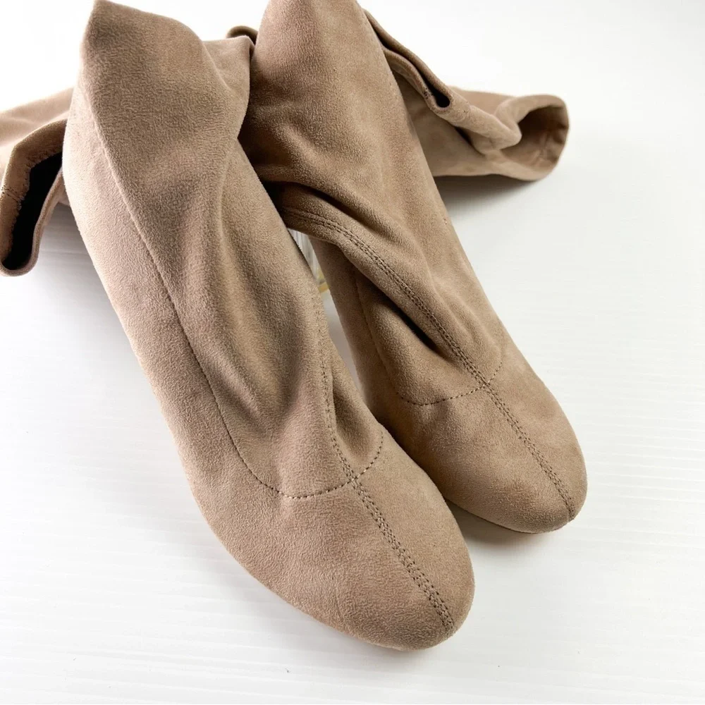 Truffle Collection Boots womens 8.5 Tan Knee High Theda Clear Heel Pull On